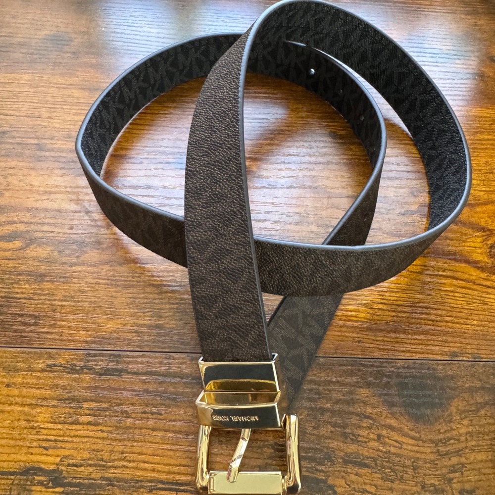 Michael Kors Reversible Belt Brown Black MK Signature Logo Gold Buckle 36‎